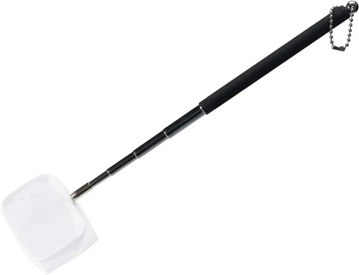 Black telescoping shrimp net with white plastic scoop head and silver ball chain attachment for easy handling