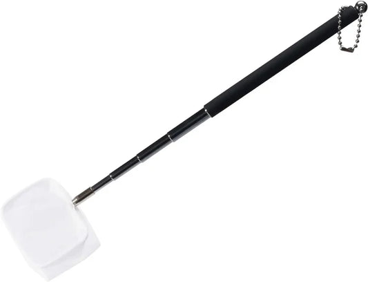 Black telescoping shrimp net with white plastic scoop head and silver ball chain attachment for easy handling