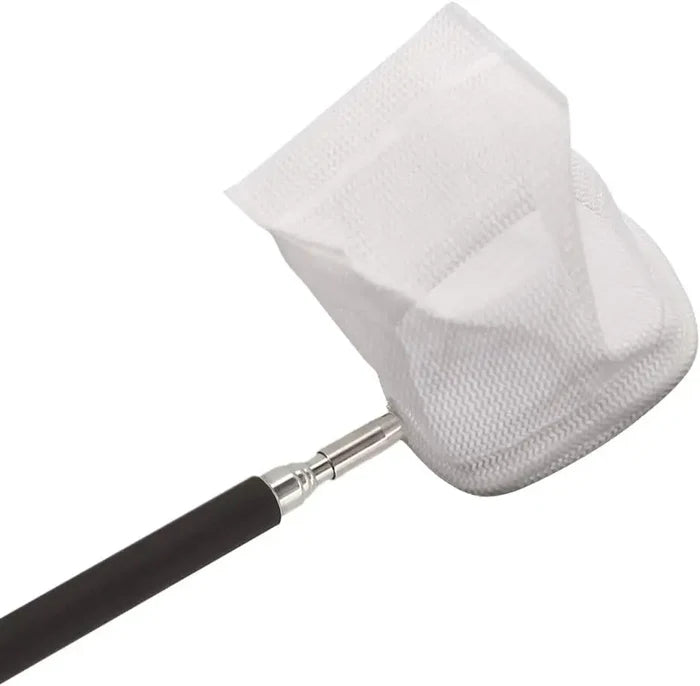 Shrimp net with white mesh, black handle, and silver metal ferrule for easy shrimp catching and handling