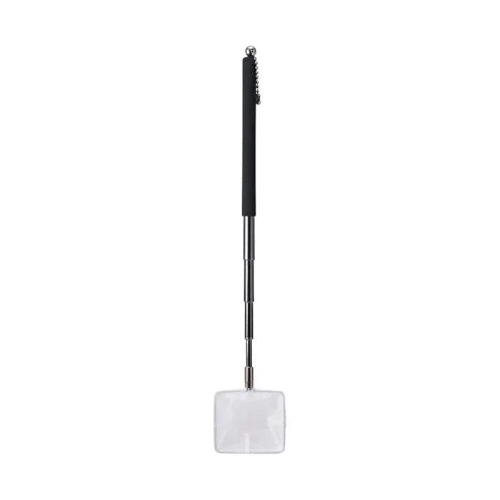 Shrimp net with black telescopic handle and clear square mesh head for easy catching and handling of shrimp