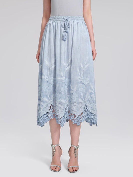 Silk Cotton Embroidered Lace Trim Panel Skirt