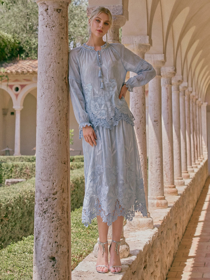Silk Cotton Embroidered Lace Trim Panel Skirt