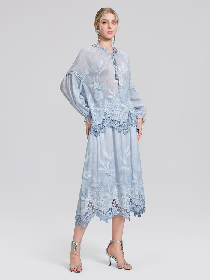 Silk Cotton Embroidered Lace Trim Panel Skirt