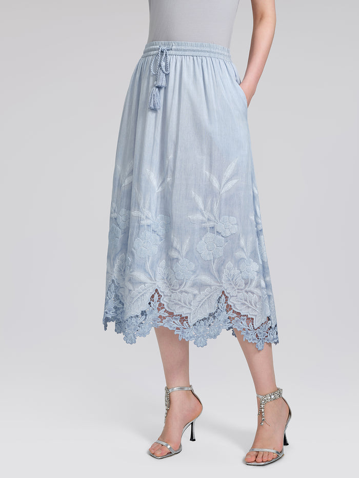 Silk Cotton Embroidered Lace Trim Panel Skirt