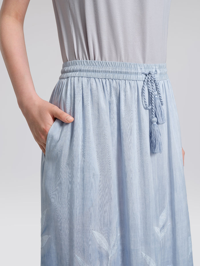 Silk Cotton Embroidered Lace Trim Panel Skirt