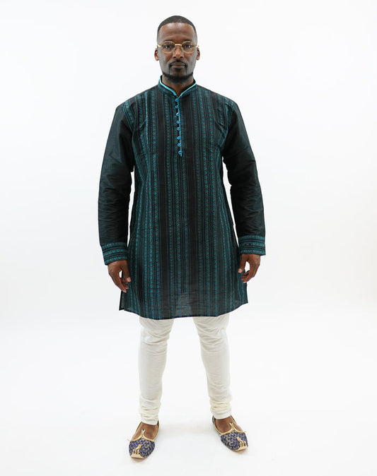 Silk  Ink Black With Sapphire Blue Printed Men's Kurta