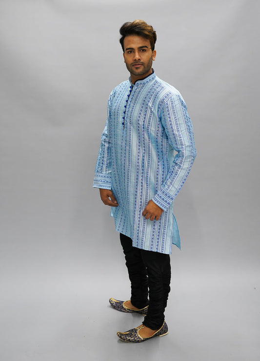 Silk Printed Arctic Blue Men's Kurta