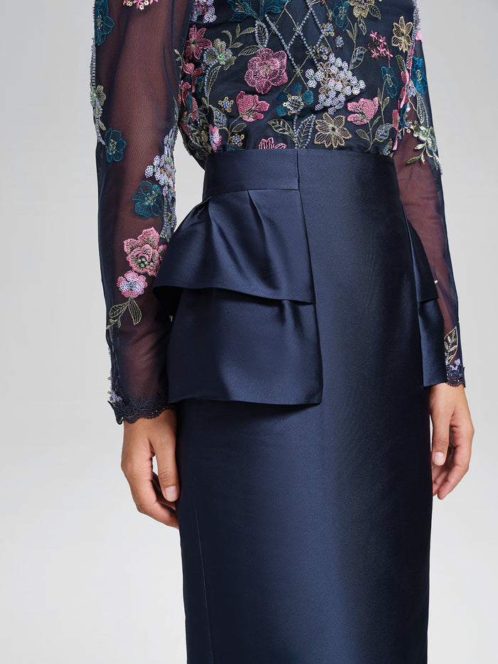 Silk Satin Ruffle-Trimmed Elastic-Waist Skirt