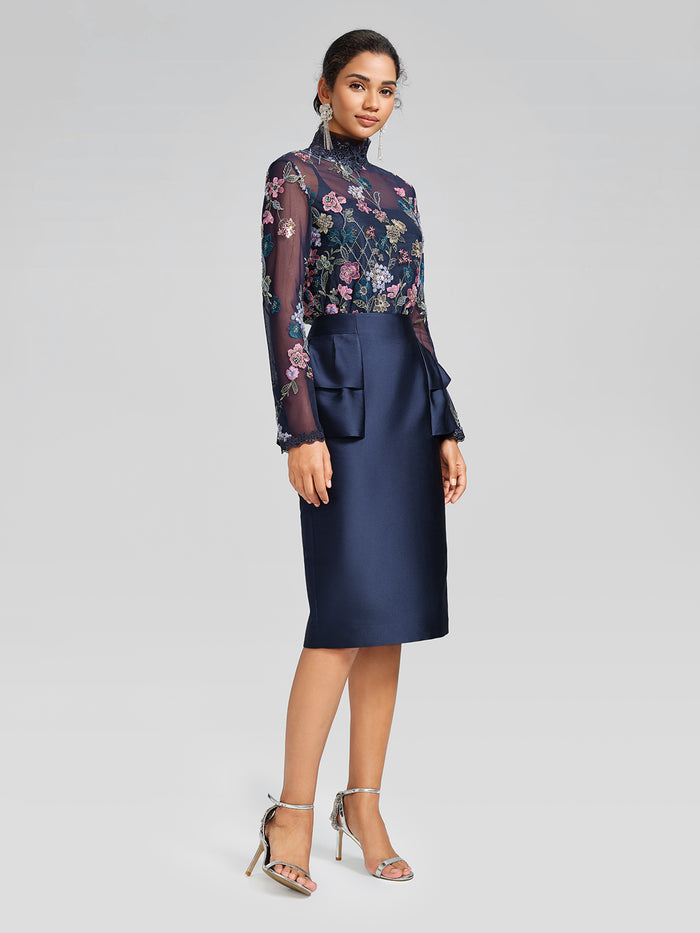 Silk Satin Ruffle-Trimmed Elastic-Waist Skirt