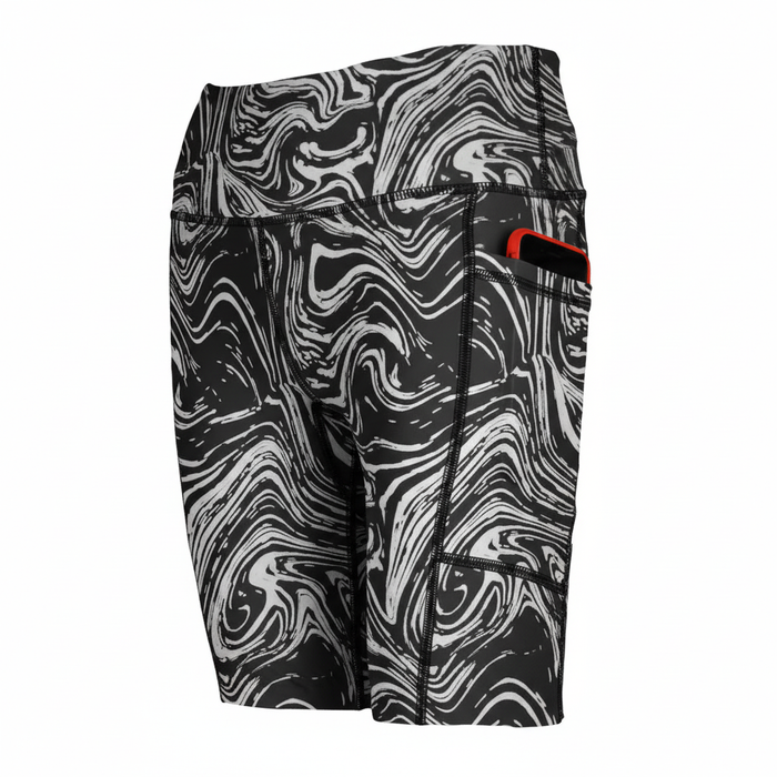 Shorts side with swirly whirly print