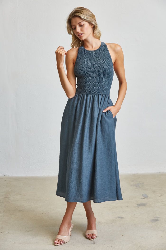 Smocking Upper With Tie Back Midi Sun Dress - Steel Blue
