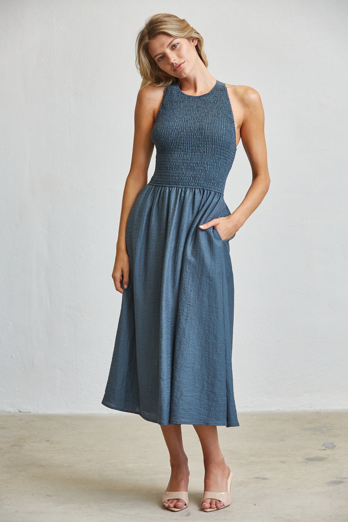Smocking Upper With Tie Back Midi Sun Dress - Steel Blue
