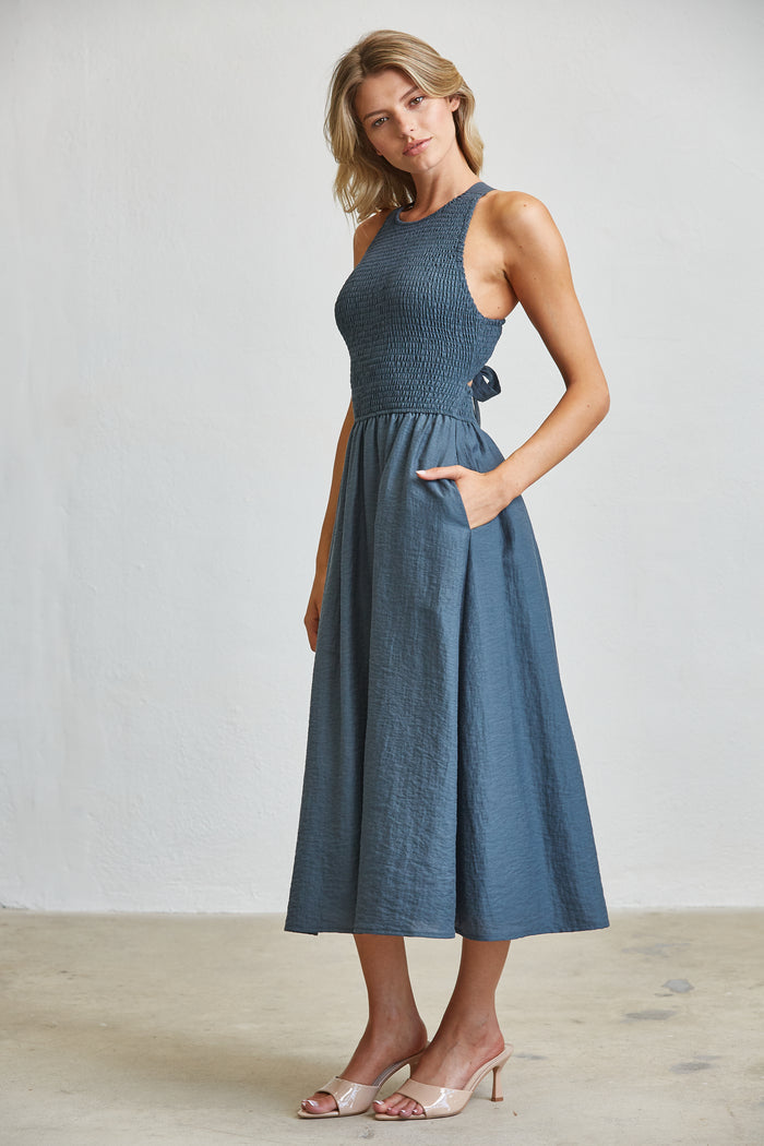 Smocking Upper With Tie Back Midi Sun Dress - Steel Blue