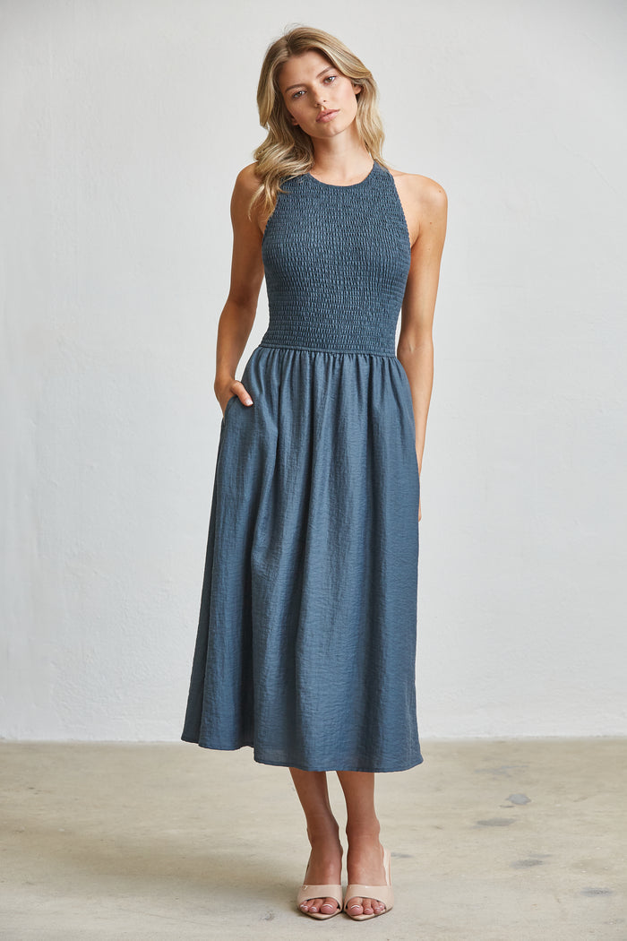 Smocking Upper With Tie Back Midi Sun Dress - Steel Blue
