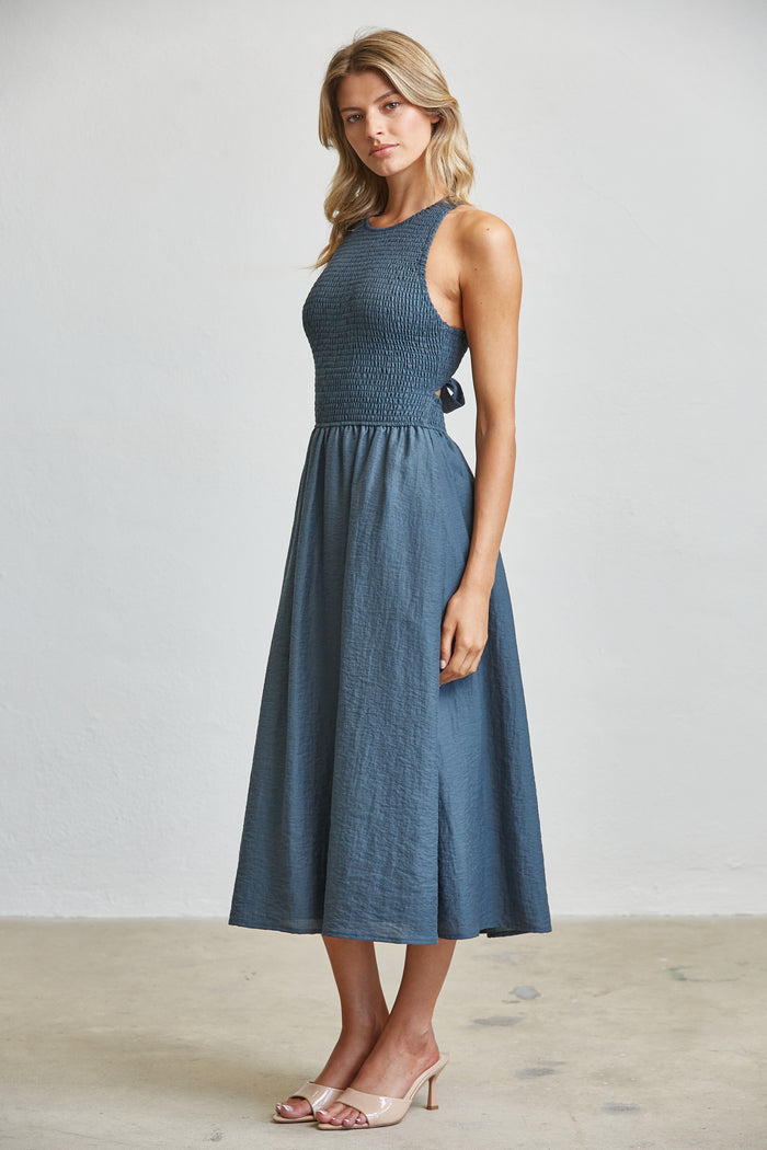 Smocking Upper With Tie Back Midi Sun Dress - Steel Blue
