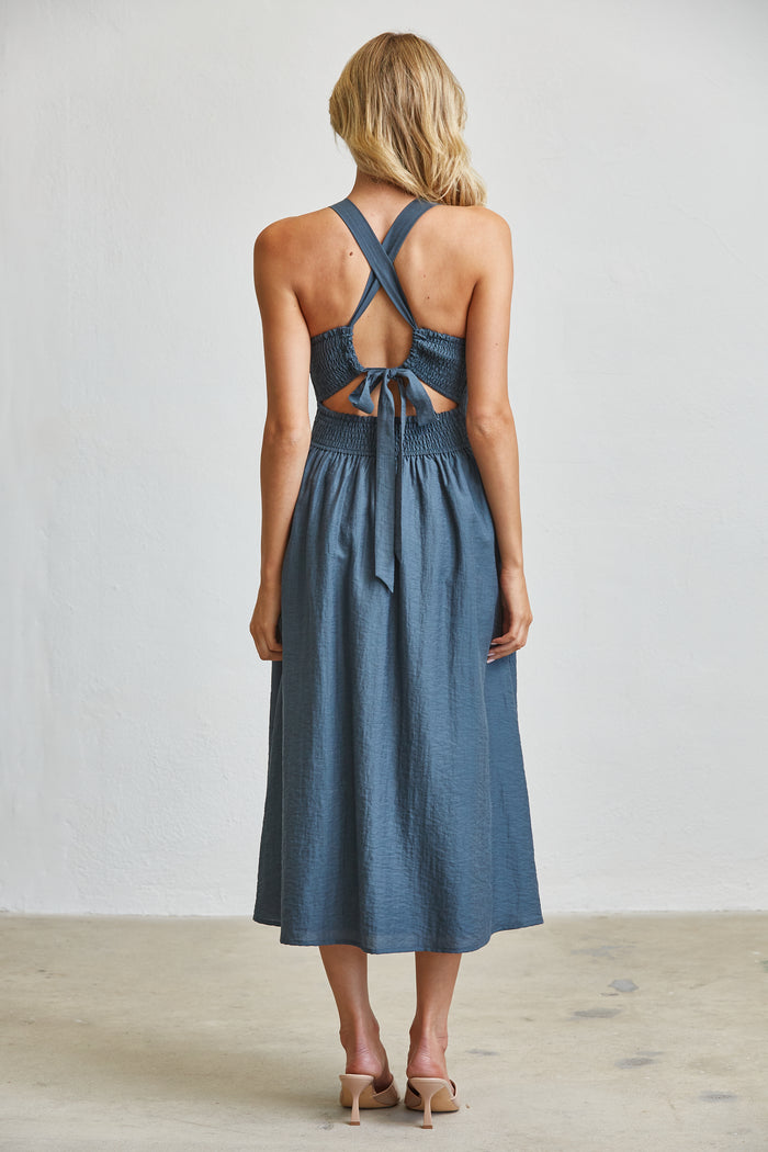 Smocking Upper With Tie Back Midi Sun Dress - Steel Blue