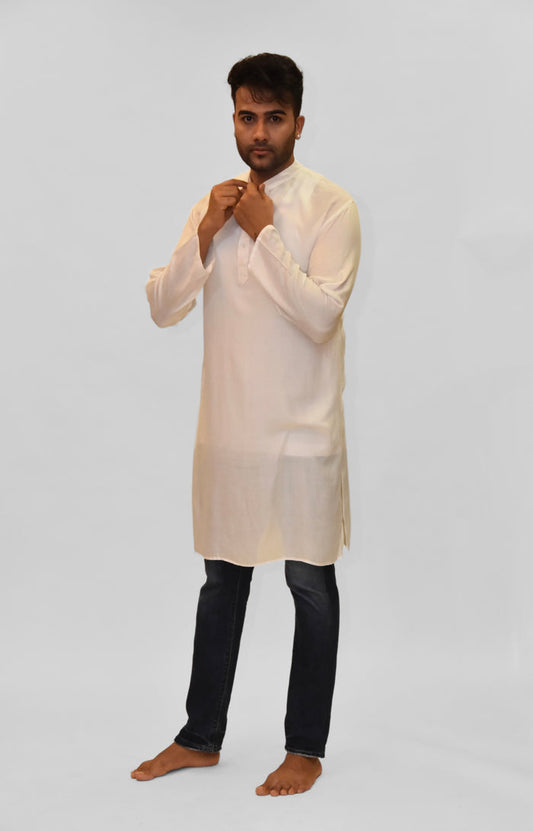 Soft Cotton Knee Length Pearl White Kurta