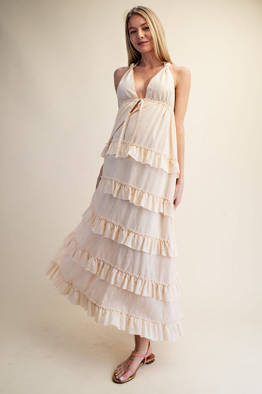 SOFT HALTER TIERED MAXI DRESS
