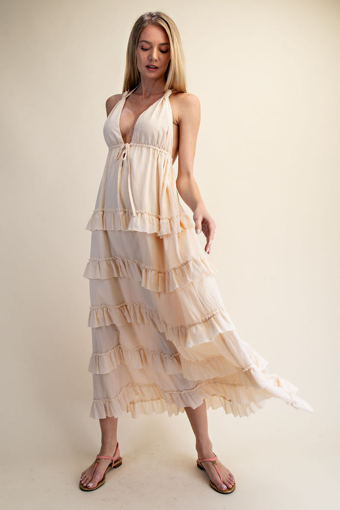 SOFT HALTER TIERED MAXI DRESS