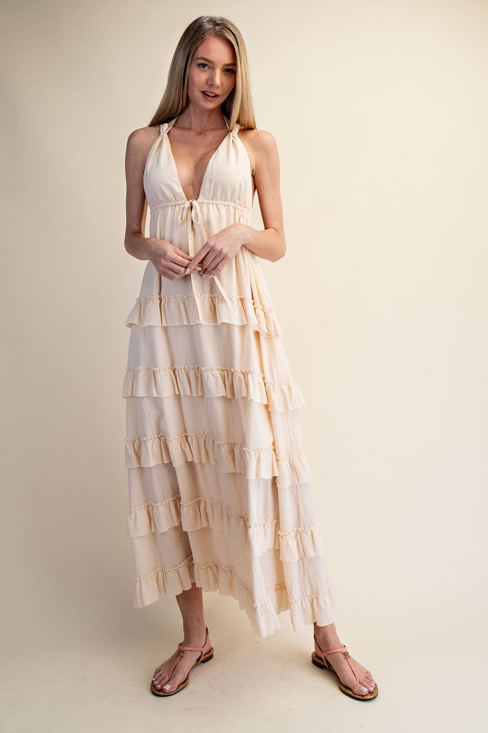SOFT HALTER TIERED MAXI DRESS