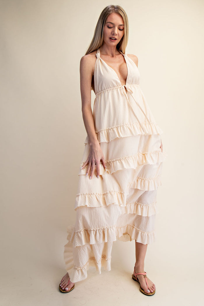 SOFT HALTER TIERED MAXI DRESS