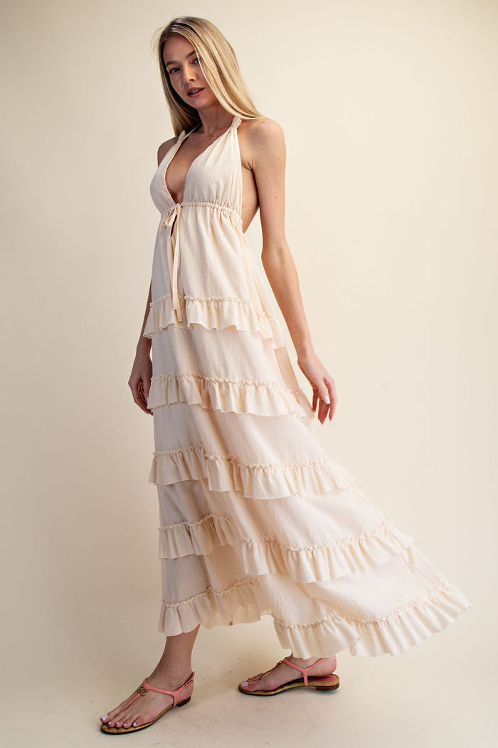 SOFT HALTER TIERED MAXI DRESS