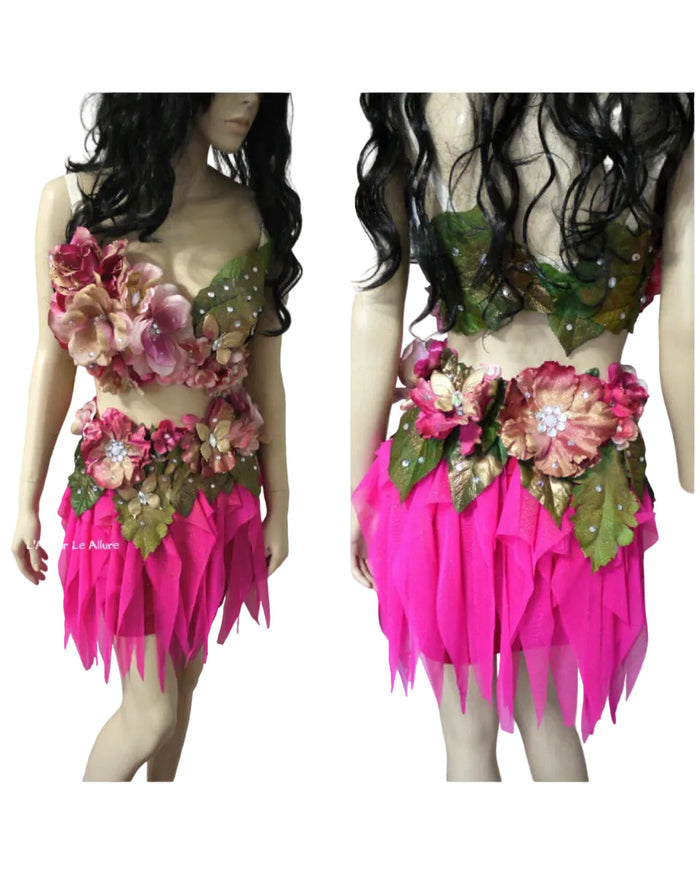 Spring Fairy Floral Bra with High Waisted Skirt - Hot Pink