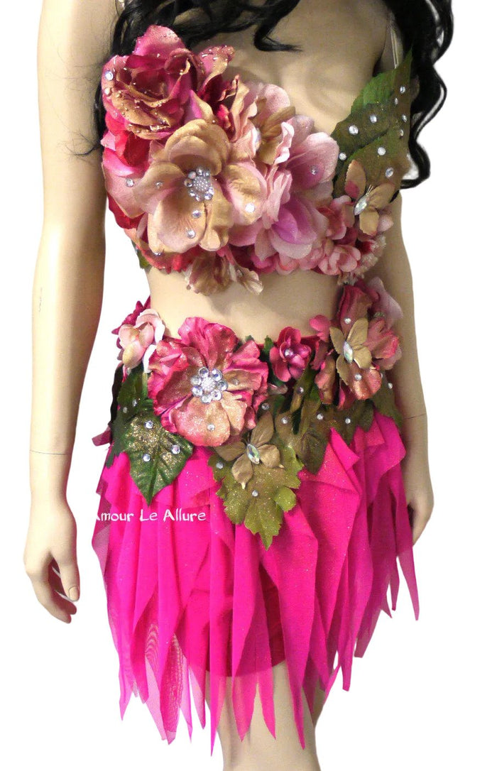 Spring Fairy Floral Bra with High Waisted Skirt - Hot Pink