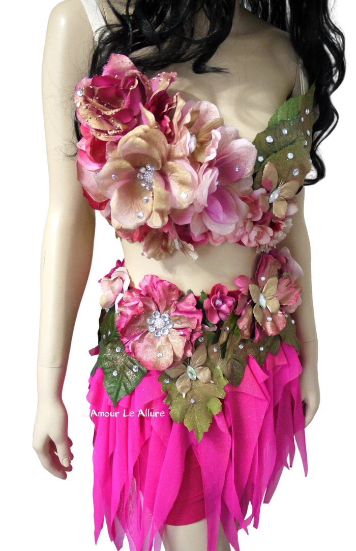 Spring Fairy Floral Bra with High Waisted Skirt - Hot Pink