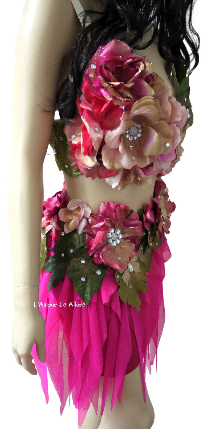Spring Fairy Floral Bra with High Waisted Skirt - Hot Pink