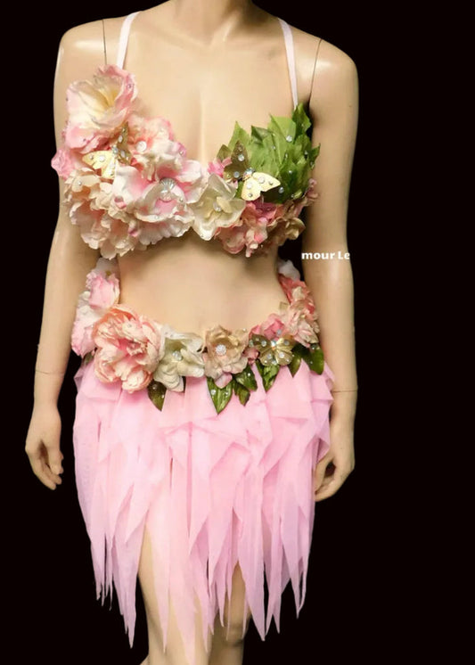 Spring Fairy Floral Bra with High Waisted Skirt - Light Pink