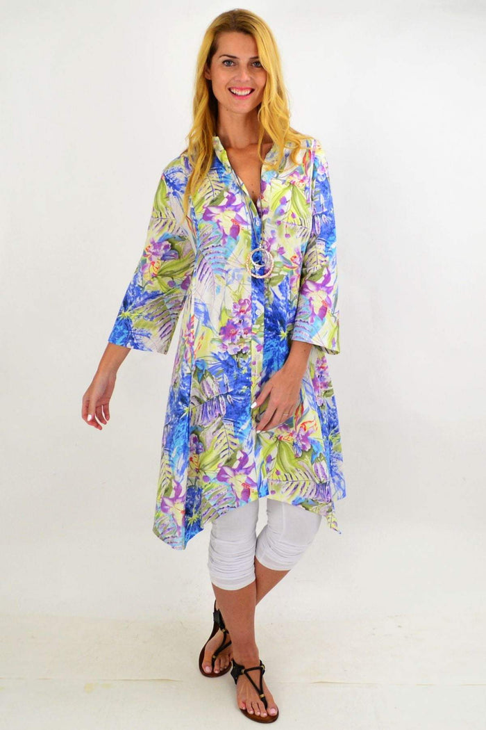 Colorful palm print Spring Flowers stand collar long tunic shirt by Hourglass, featuring vibrant floral and palm designs.