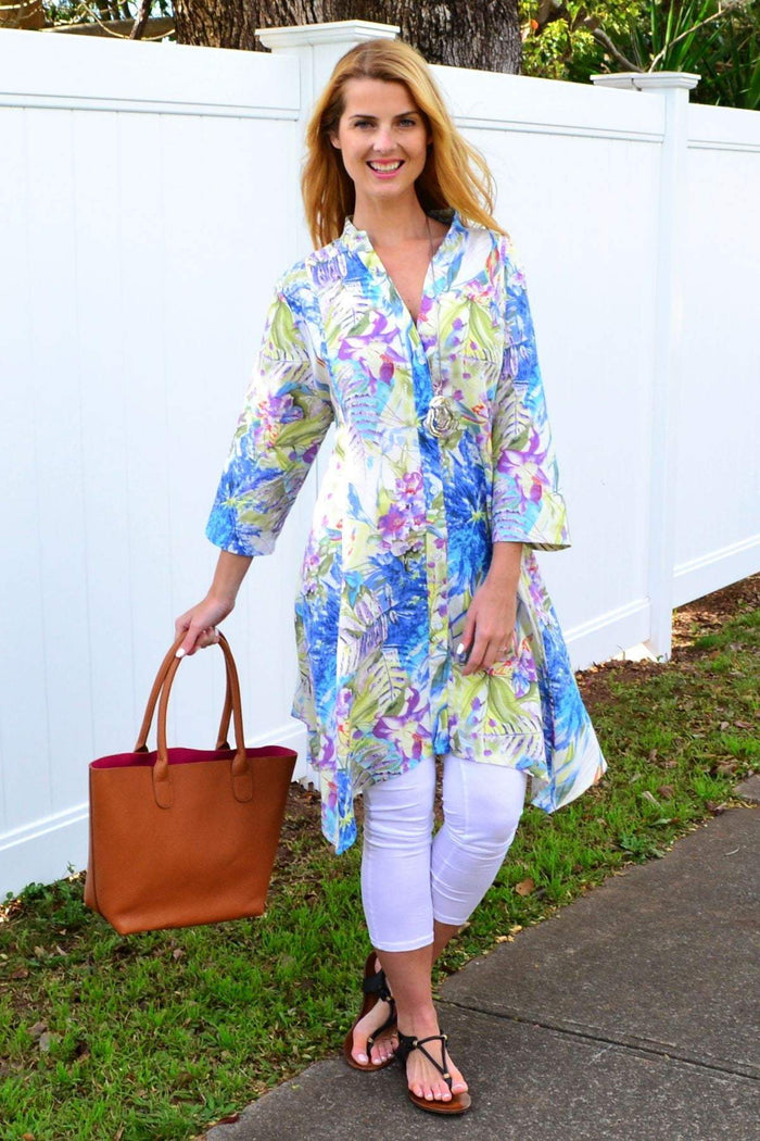 Hourglass spring flowers stand collar long shirt tunic with vibrant floral pattern and lightweight fabric, perfect for casual wear.