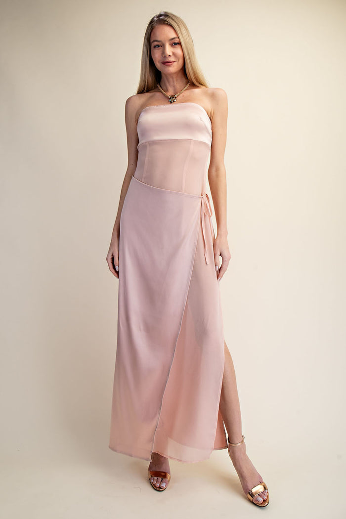Strapless Satin Wrap Maxi Dress with Side Slit