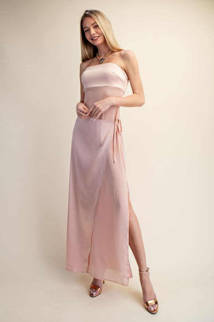Strapless Satin Wrap Maxi Dress with Side Slit