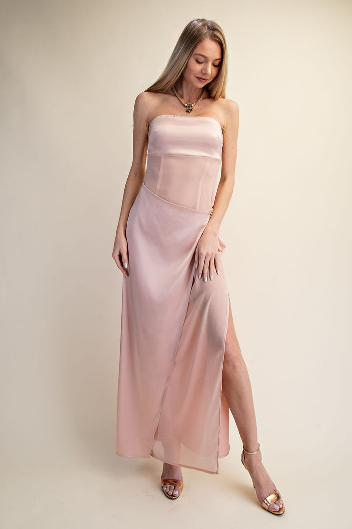 Strapless Satin Wrap Maxi Dress with Side Slit