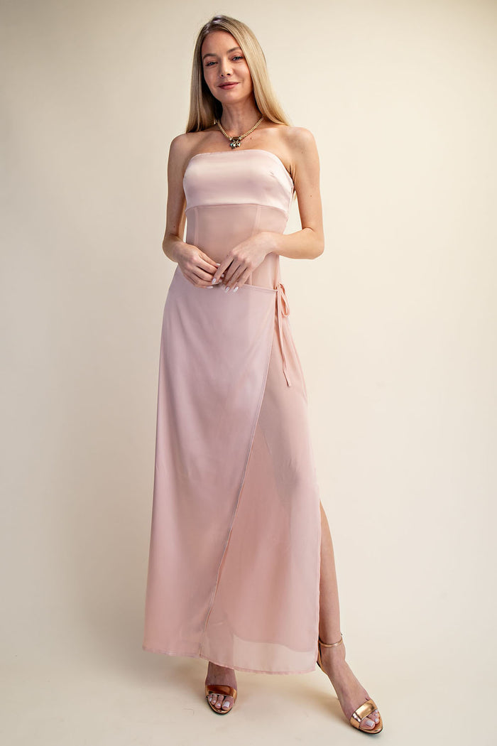 Strapless Satin Wrap Maxi Dress with Side Slit