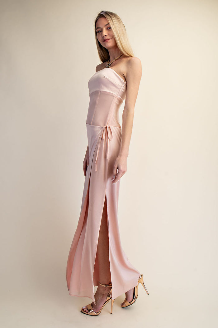 Strapless Satin Wrap Maxi Dress with Side Slit