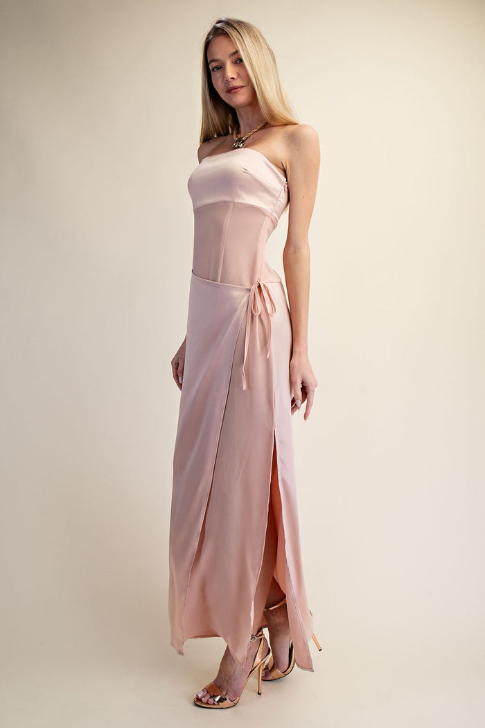 Strapless Satin Wrap Maxi Dress with Side Slit