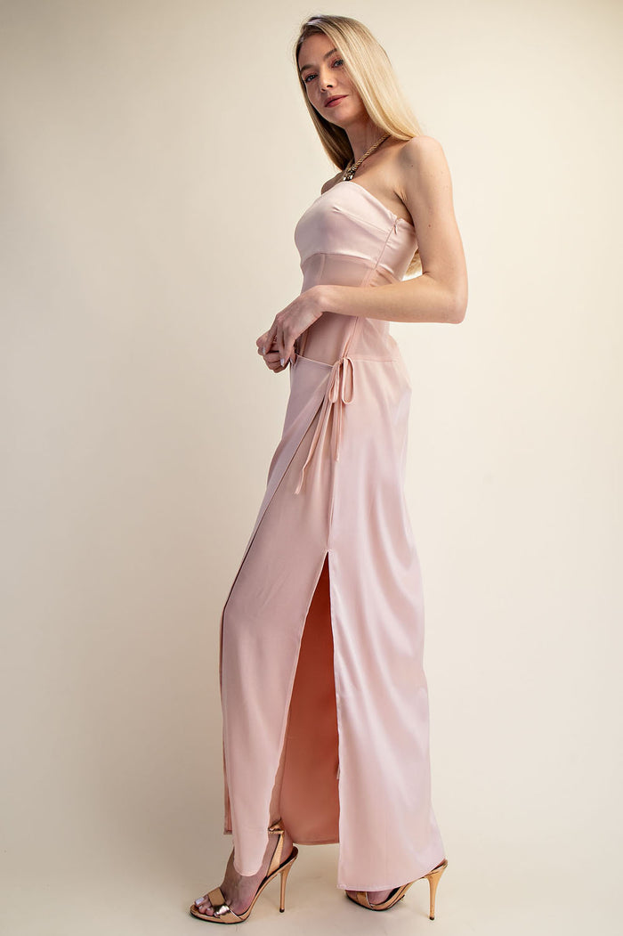 Strapless Satin Wrap Maxi Dress with Side Slit