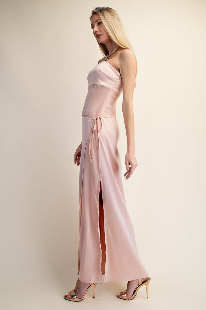 Strapless Satin Wrap Maxi Dress with Side Slit