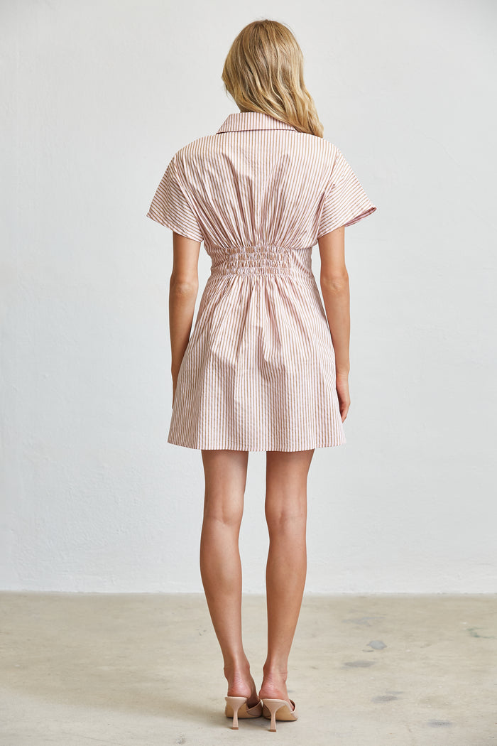 Stripe Cotton Shirt Mini Dress with Smocked Waist