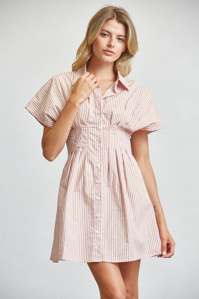 Stripe Cotton Shirt Mini Dress with Smocked Waist
