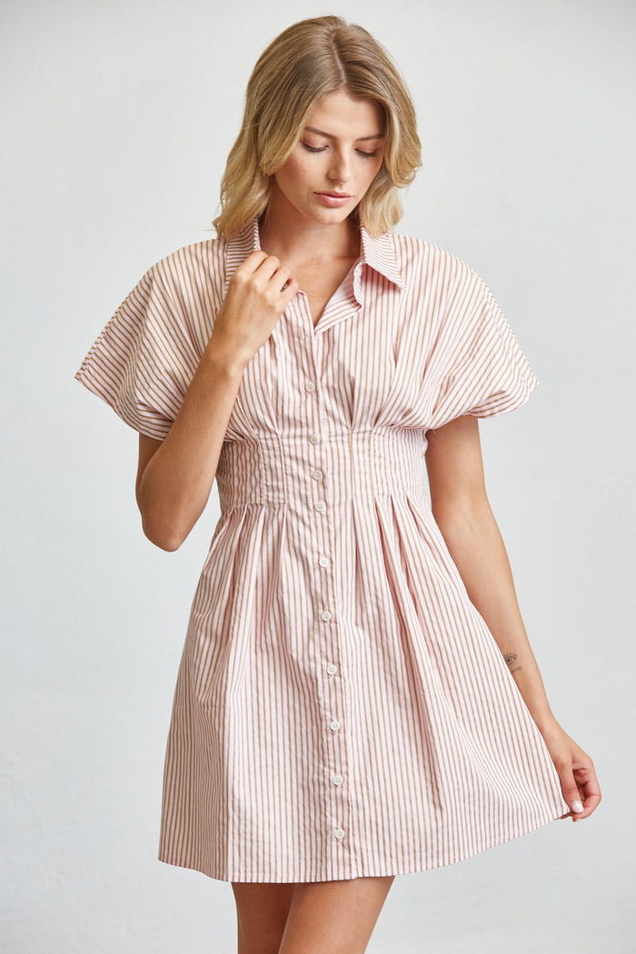 Stripe Cotton Shirt Mini Dress with Smocked Waist