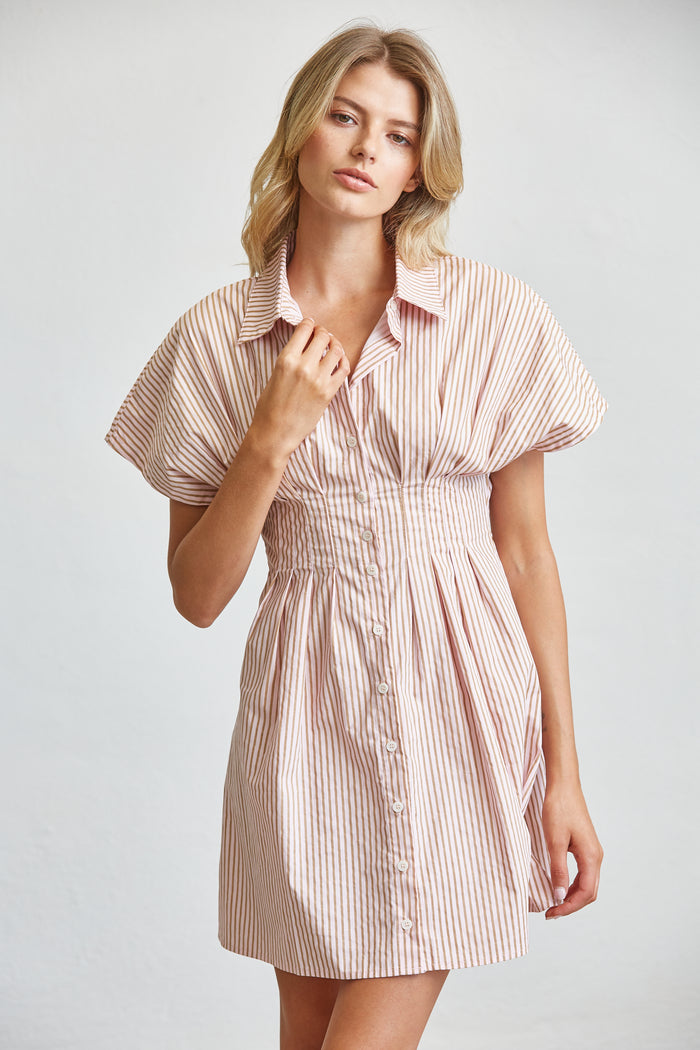 Stripe Cotton Shirt Mini Dress with Smocked Waist