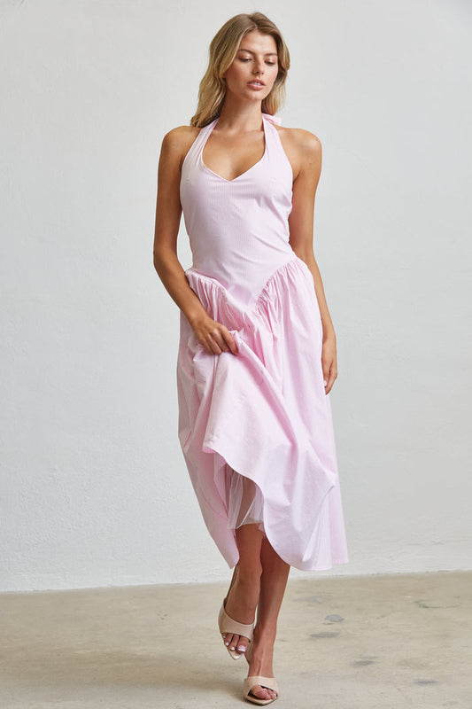 Stripe Halter Midi Dress With Pockets