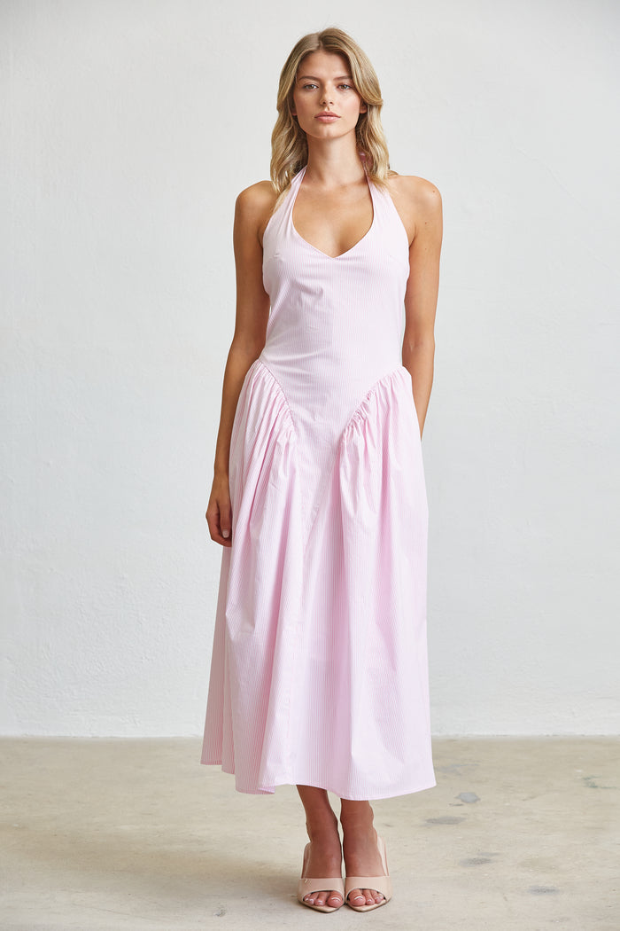 Stripe Halter Midi Dress With Pockets
