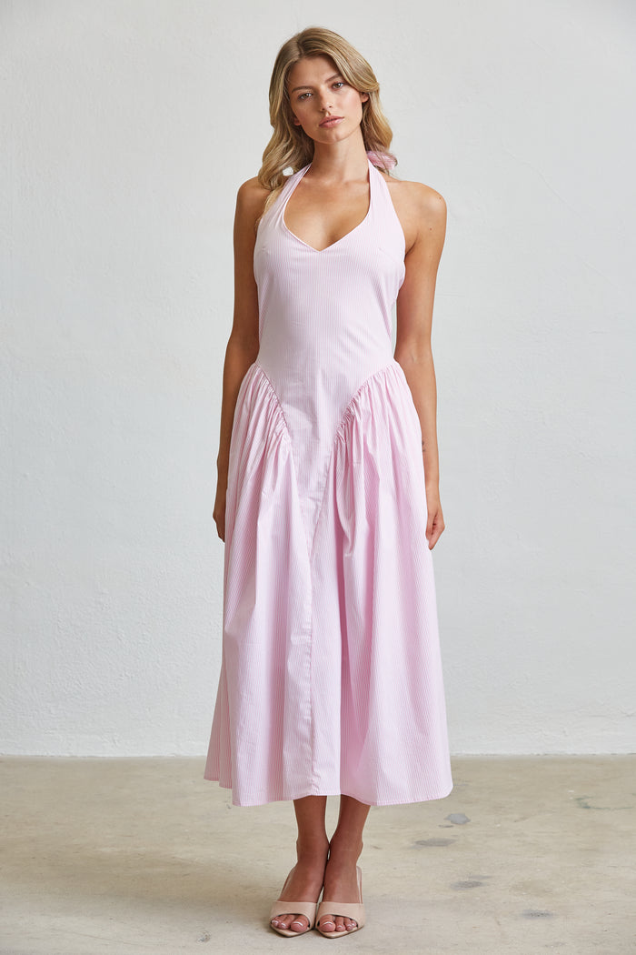 Stripe Halter Midi Dress With Pockets