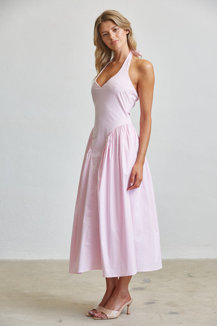 Stripe Halter Midi Dress With Pockets