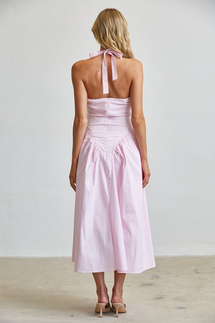 Stripe Halter Midi Dress With Pockets